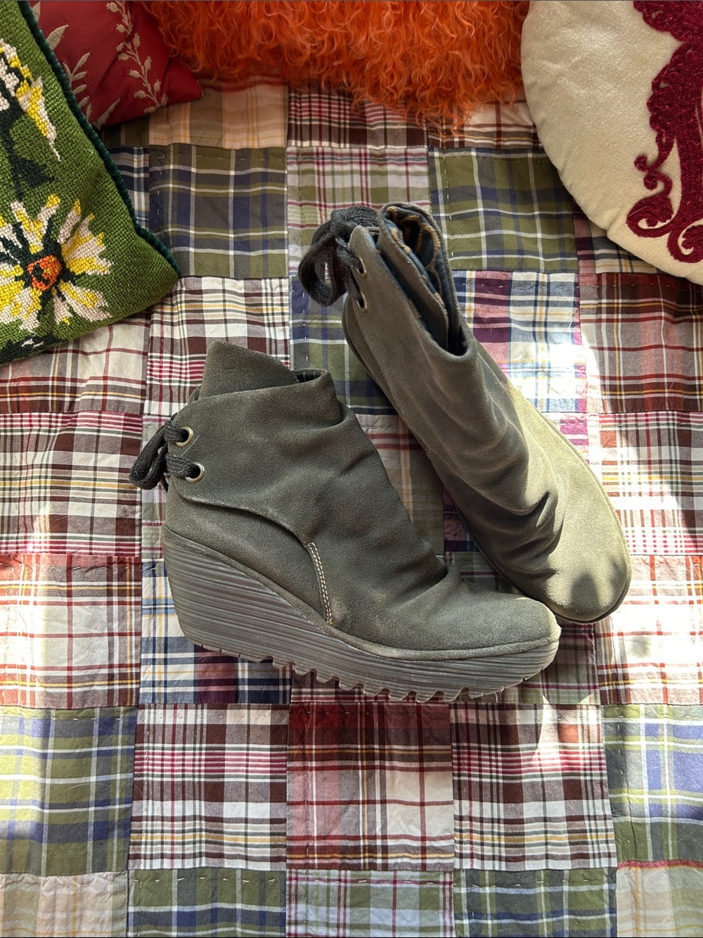 Fly London Olive Green Suede Wedge Ankle Boots